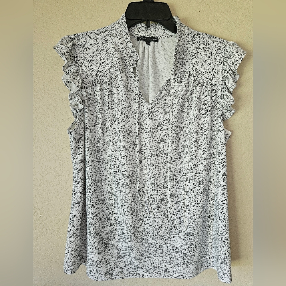 Adrianna Papell Women's Ruffle Sleeve Top - Black and‎ White L